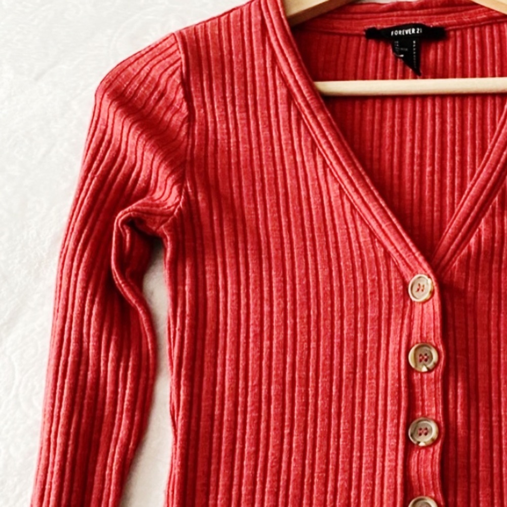Red Ribbed Stretchy Cardigan Top
